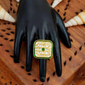 JS Fashion Square Kundan Adjustable Finger Ring High Gold Finish with Multi Stone Center for Women|Royal Square Gift