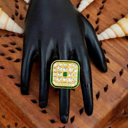 JS Fashion Square Kundan Adjustable Finger Ring High Gold Finish with Multi Stone Center for Women|Royal Square Gift