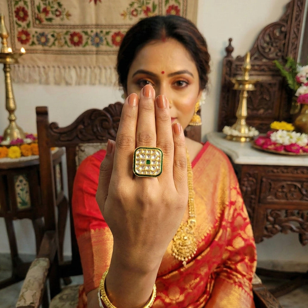 JS Fashion Square Kundan Adjustable Finger Ring High Gold Finish with Multi Stone Center for Women|Royal Square Gift