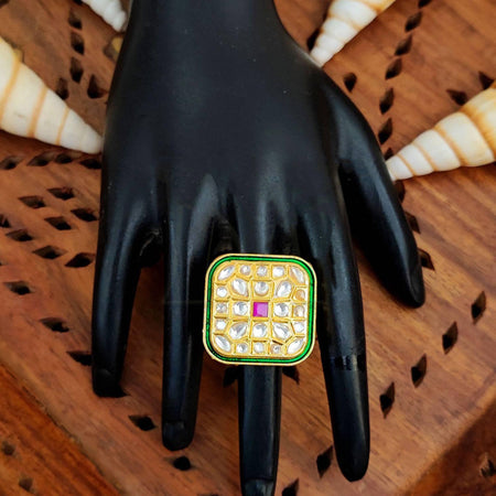 JS Fashion Square Kundan Adjustable Finger Ring High Gold Finish with Multi Stone Center for Women|Royal Square Gift