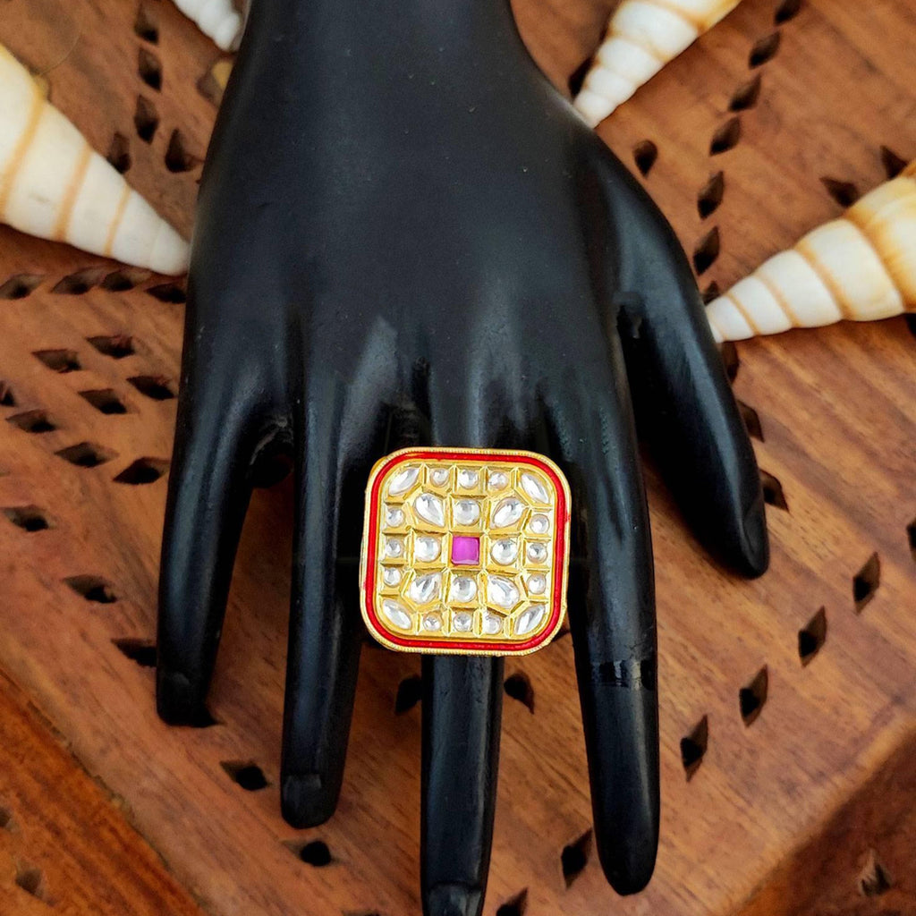 JS Fashion Square Kundan Adjustable Finger Ring High Gold Finish with Multi Stone Center for Women|Royal Square Gift