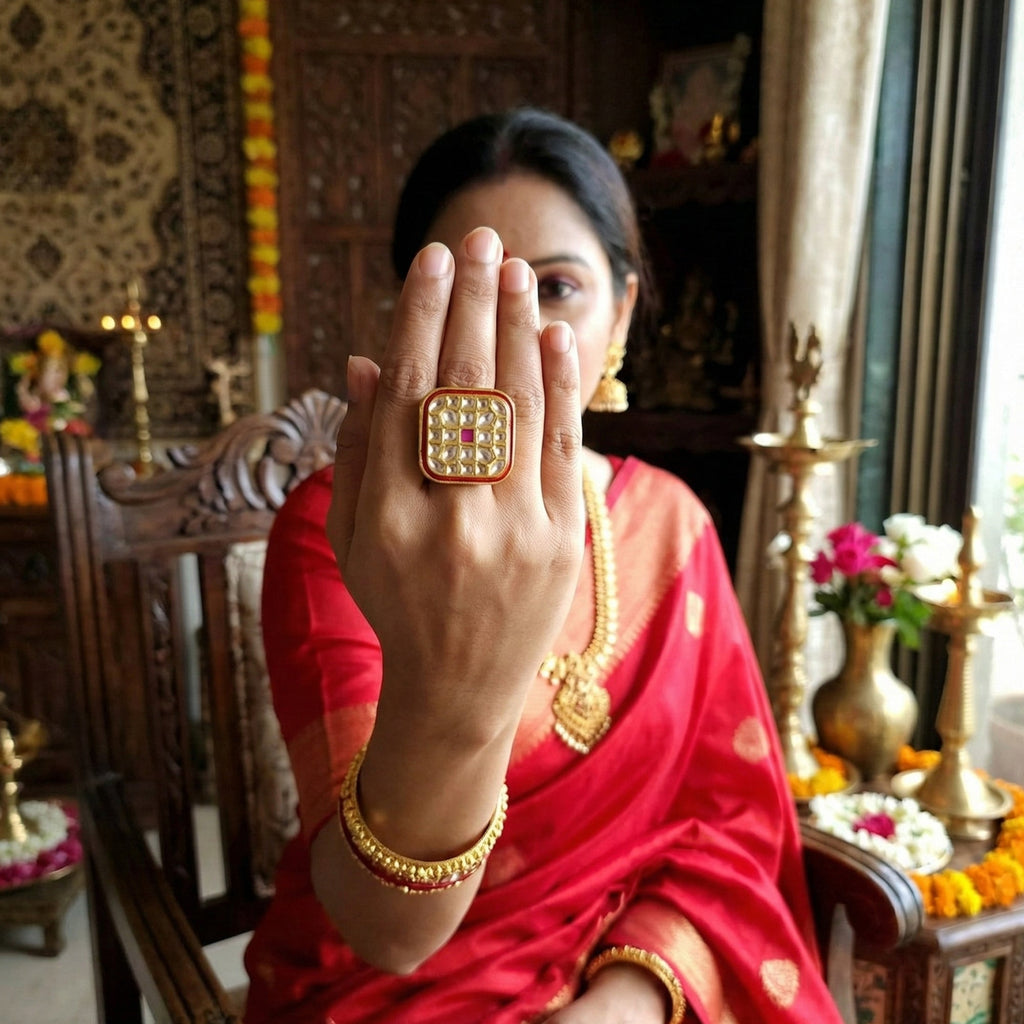 JS Fashion Square Kundan Adjustable Finger Ring High Gold Finish with Multi Stone Center for Women|Royal Square Gift