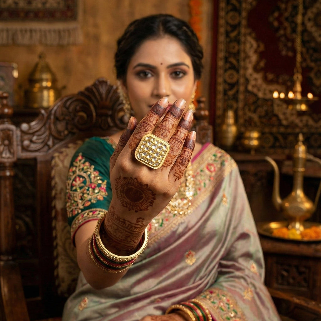 JS Fashion Square Kundan Adjustable Finger Ring High Gold Finish with Multi Stone Center for Women|Royal Square Gift