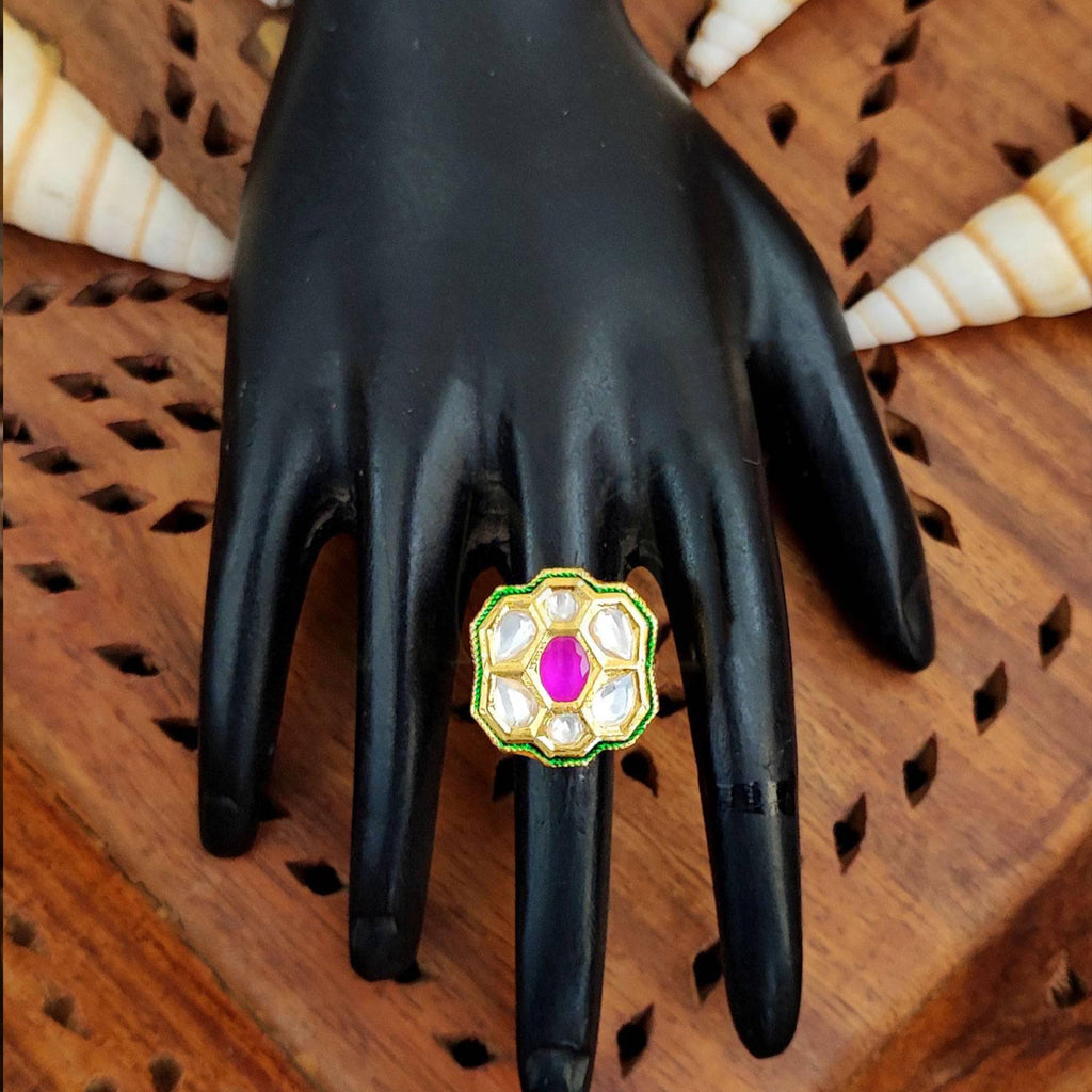 JS Fashion Floral Kundan Adjustable Finger Ring with Multi Center Stone High Gold Finish for Women|Royal Floral Gift