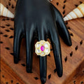 JS Fashion Floral Kundan Adjustable Finger Ring with Multi Center Stone High Gold Finish for Women|Royal Floral Gift