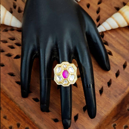 JS Fashion Floral Kundan Adjustable Finger Ring with Multi Center Stone High Gold Finish for Women|Royal Floral Gift