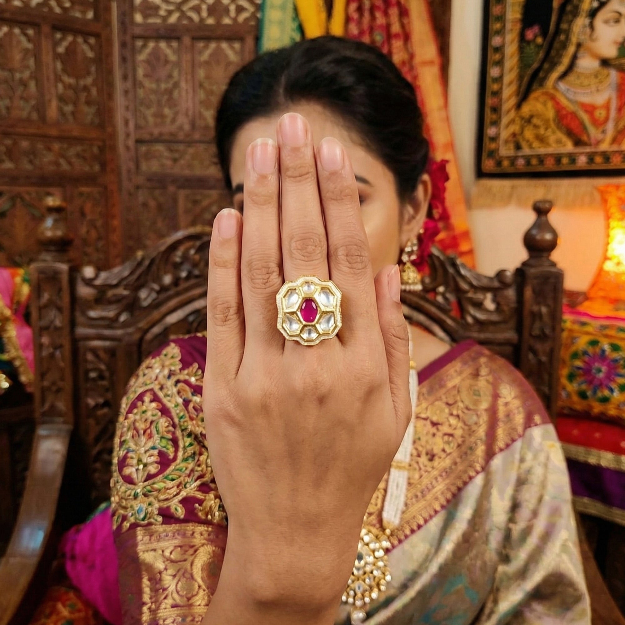 JS Fashion Floral Kundan Adjustable Finger Ring with Multi Center Stone High Gold Finish for Women|Royal Floral Gift