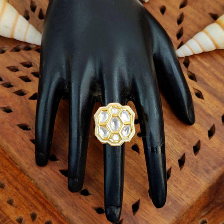 JS Fashion Floral Kundan Adjustable Finger Ring with Multi Center Stone High Gold Finish for Women|Royal Floral Gift