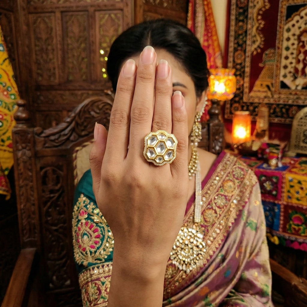 JS Fashion Floral Kundan Adjustable Finger Ring with Multi Center Stone High Gold Finish for Women|Royal Floral Gift
