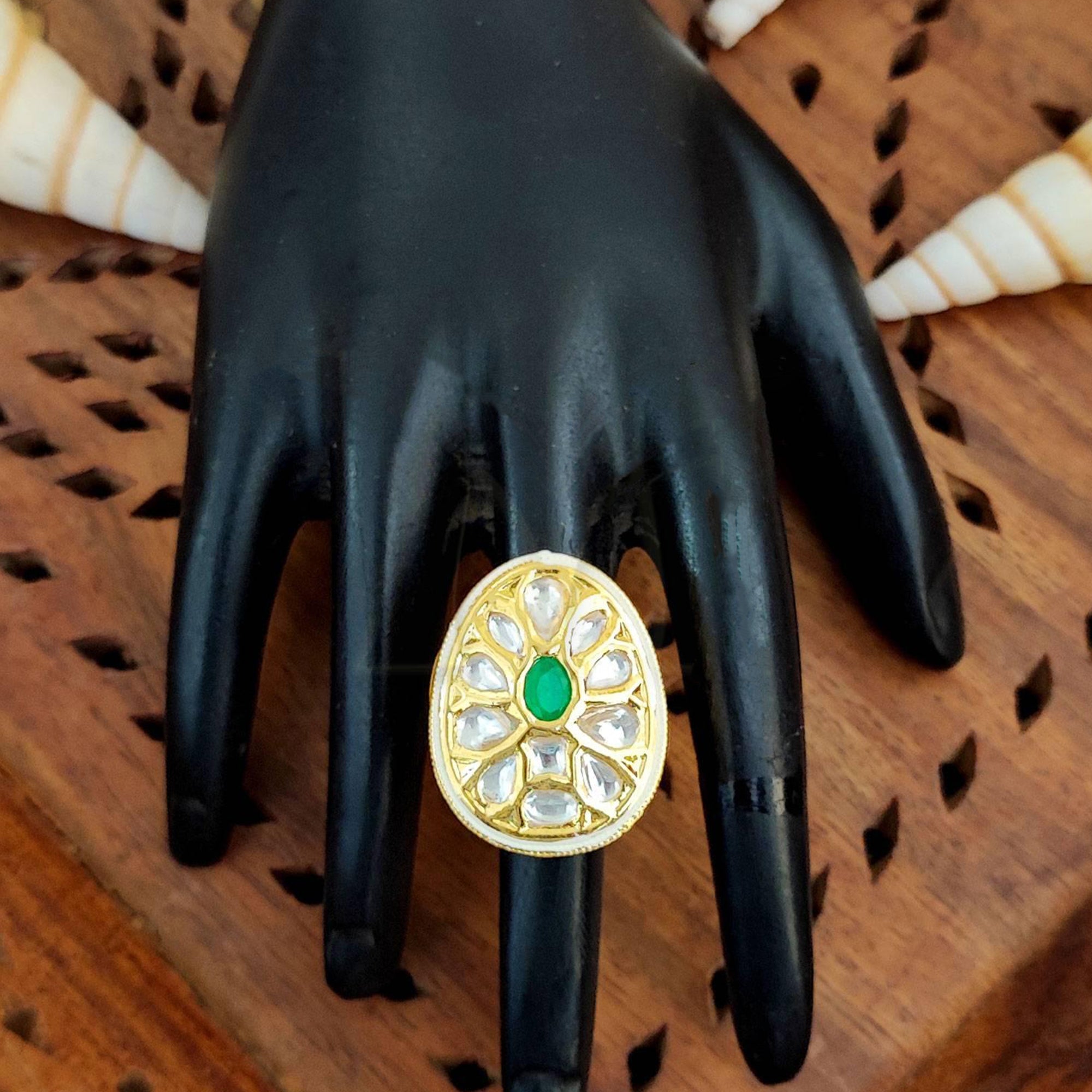 JS Fashion Teardrop Kundan Adjustable Finger Ring with Multi Center Stone High Gold Finish for Women|Elegant Drop Gift