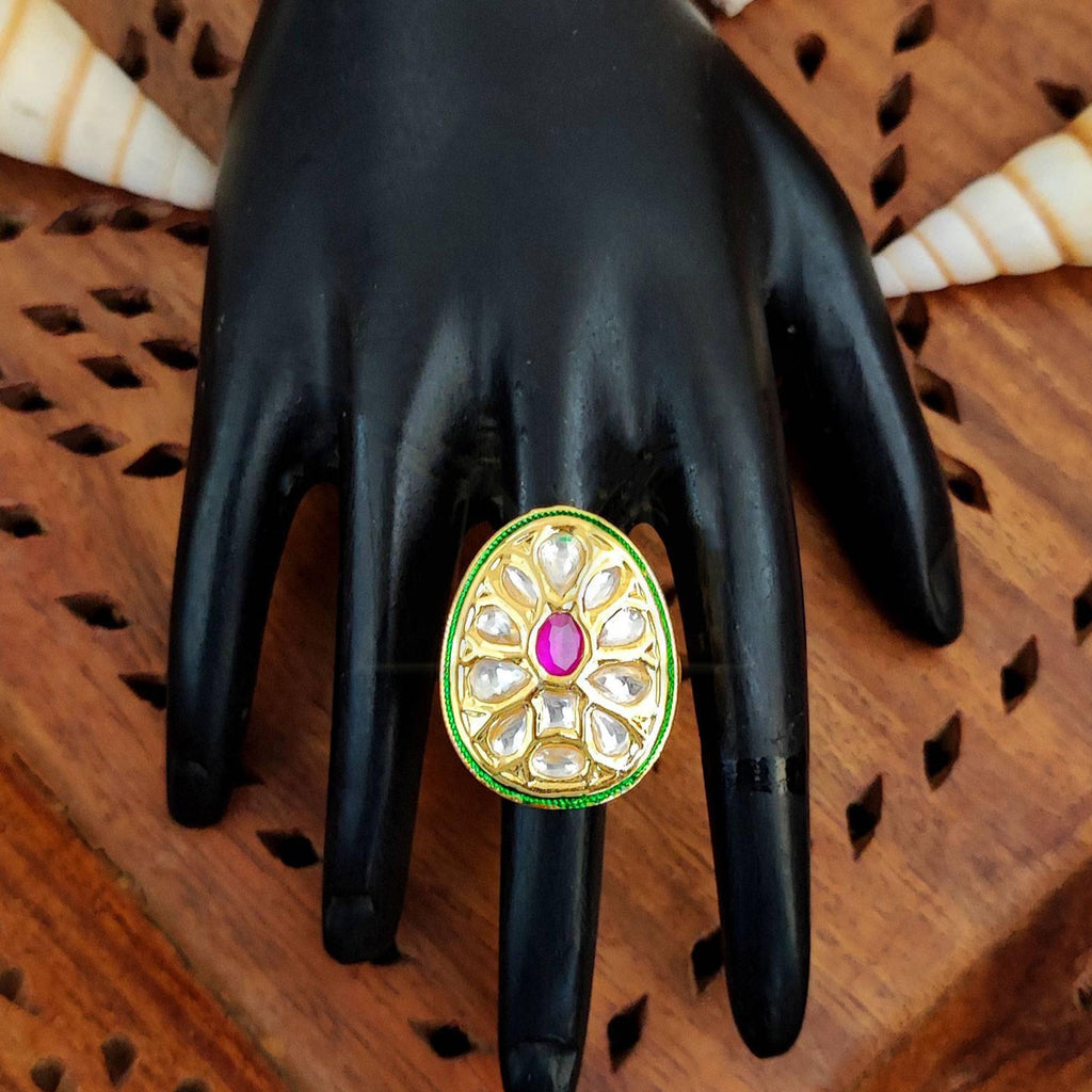 JS Fashion Teardrop Kundan Adjustable Finger Ring with Multi Center Stone High Gold Finish for Women|Elegant Drop Gift