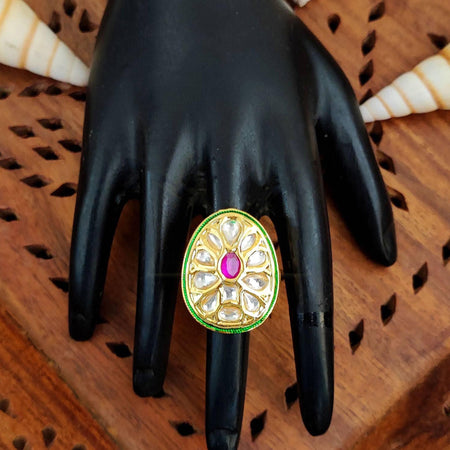 JS Fashion Teardrop Kundan Adjustable Finger Ring with Multi Center Stone High Gold Finish for Women|Elegant Drop Gift