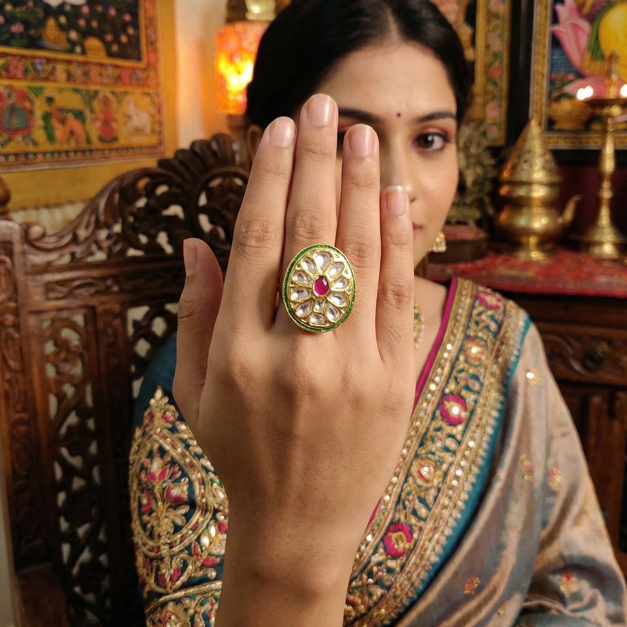 JS Fashion Teardrop Kundan Adjustable Finger Ring with Multi Center Stone High Gold Finish for Women|Elegant Drop Gift