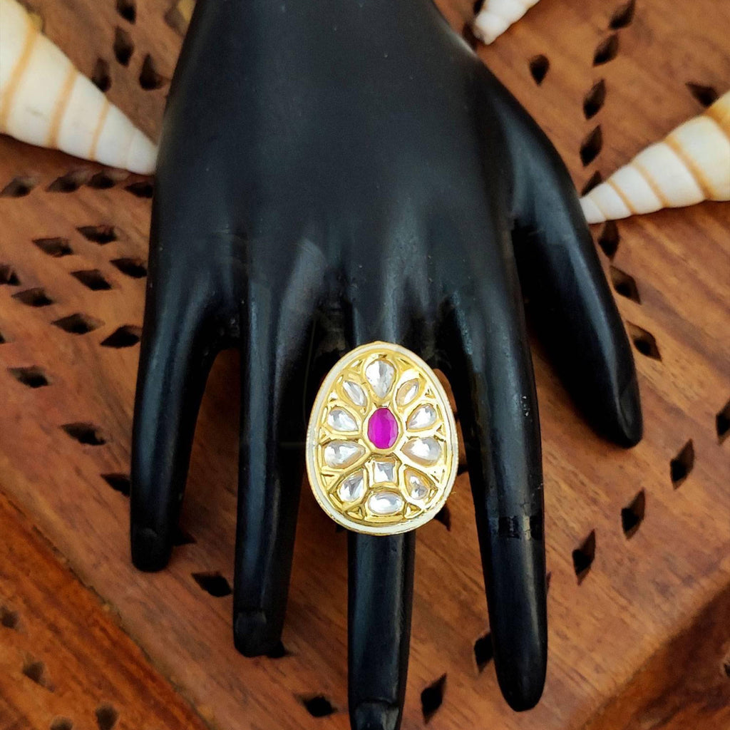 JS Fashion Teardrop Kundan Adjustable Finger Ring with Multi Center Stone High Gold Finish for Women|Elegant Drop Gift