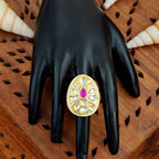 JS Fashion Teardrop Kundan Adjustable Finger Ring with Multi Center Stone High Gold Finish for Women|Elegant Drop Gift