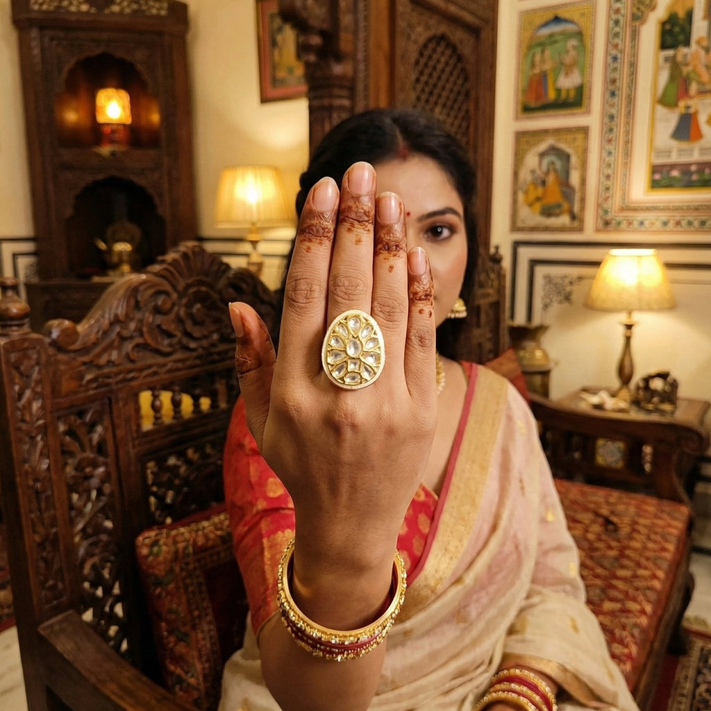 JS Fashion Teardrop Kundan Adjustable Finger Ring with Multi Center Stone High Gold Finish for Women|Elegant Drop Gift