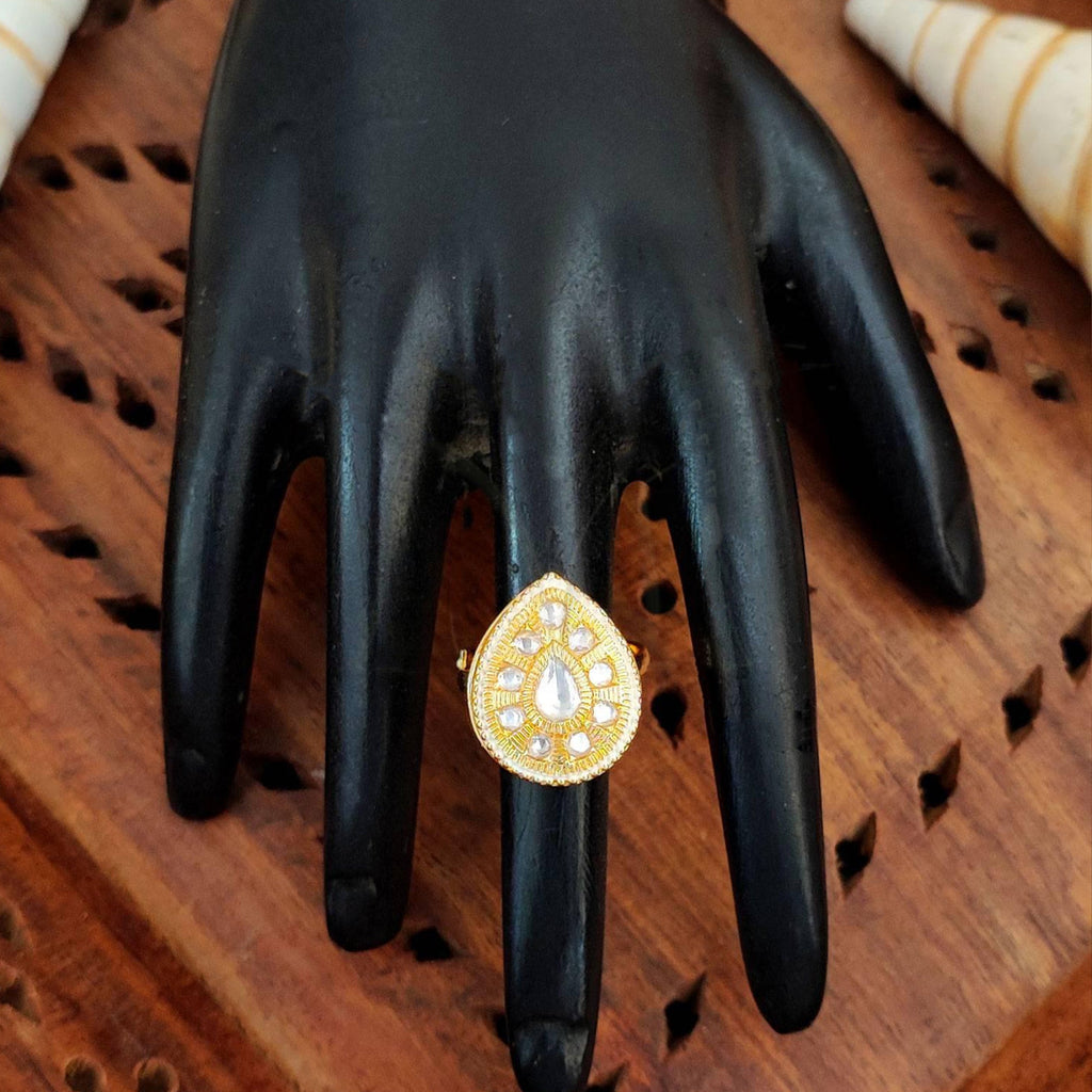 JS Fashion Elegant High Gold Kundan Finger Ring Festive Wear for Women | Adjustable Ethnic Bridal Statement Jewellery for Diwali, Wedding & Party | Sophisticated Royal Gift
