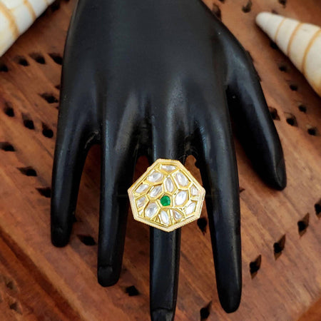 JS Fashion Classic Kundan Finger Ring High Gold Finish Adjustable for Women|Traditional Statement Ring Gift