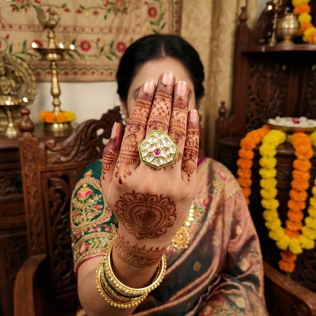 JS Fashion Classic Kundan Finger Ring High Gold Finish Adjustable for Women|Traditional Statement Ring Gift