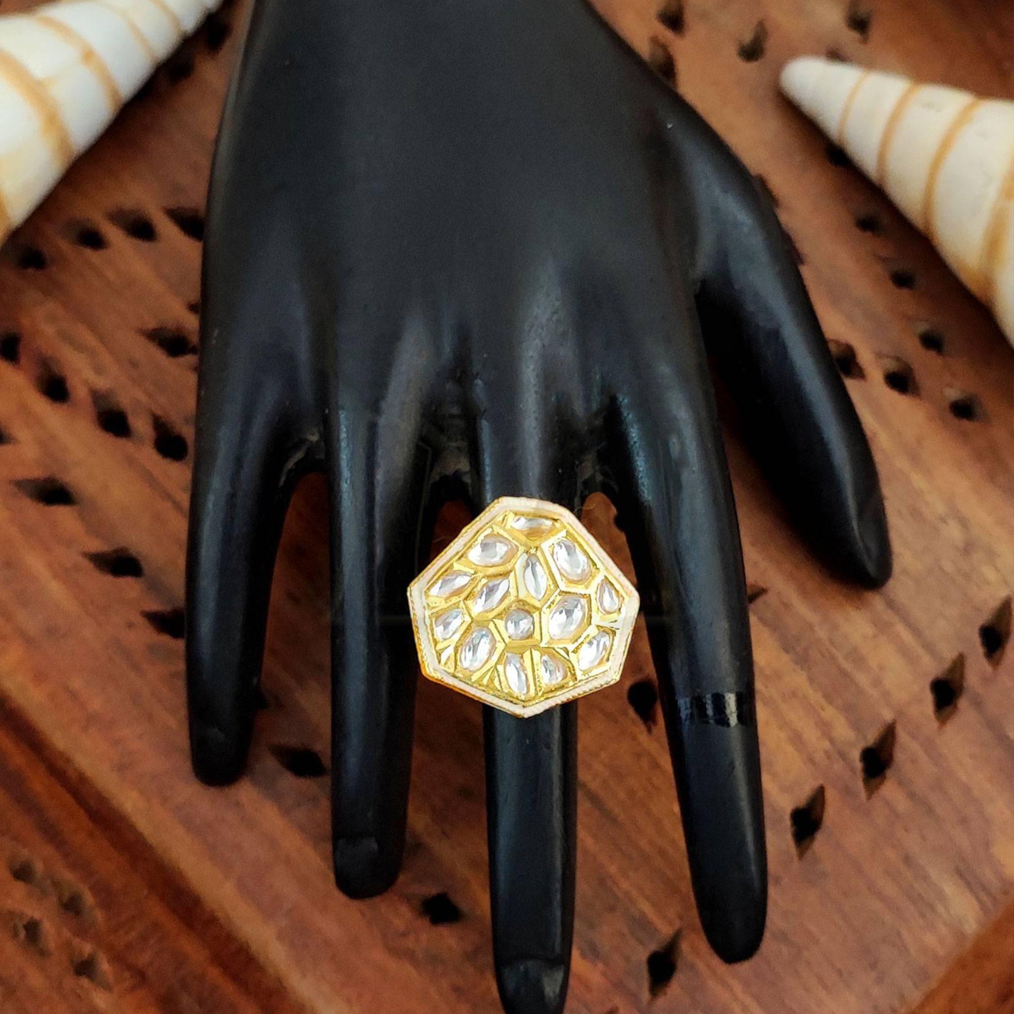 JS Fashion Classic Kundan Finger Ring High Gold Finish Adjustable for Women|Traditional Statement Ring Gift