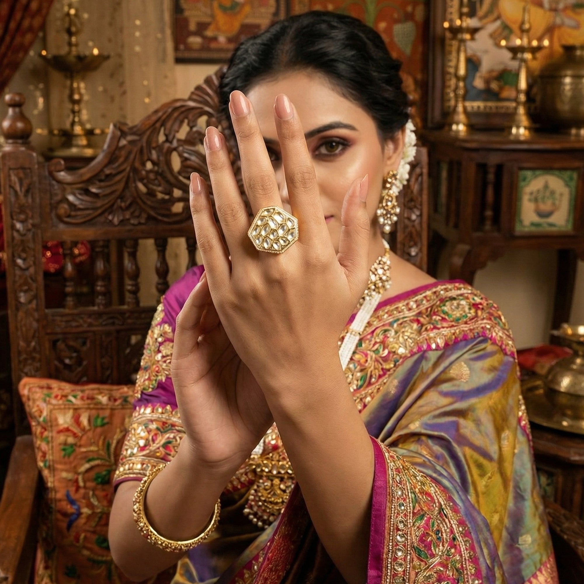 JS Fashion Classic Kundan Finger Ring High Gold Finish Adjustable for Women|Traditional Statement Ring Gift
