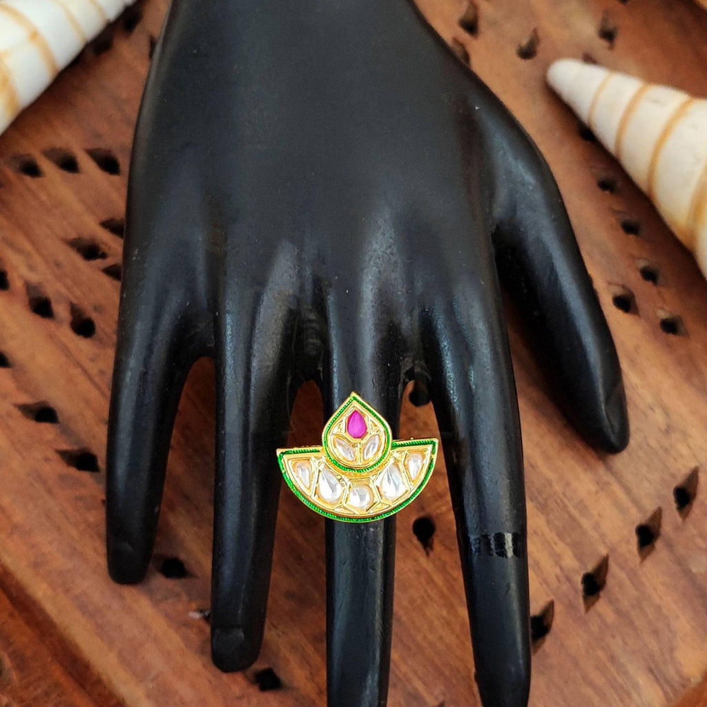 JS Fashion Kundan Design High Gold Polish Fancy Adjustable Finger Ring for Women|Royal Fancy Ring Gift Set