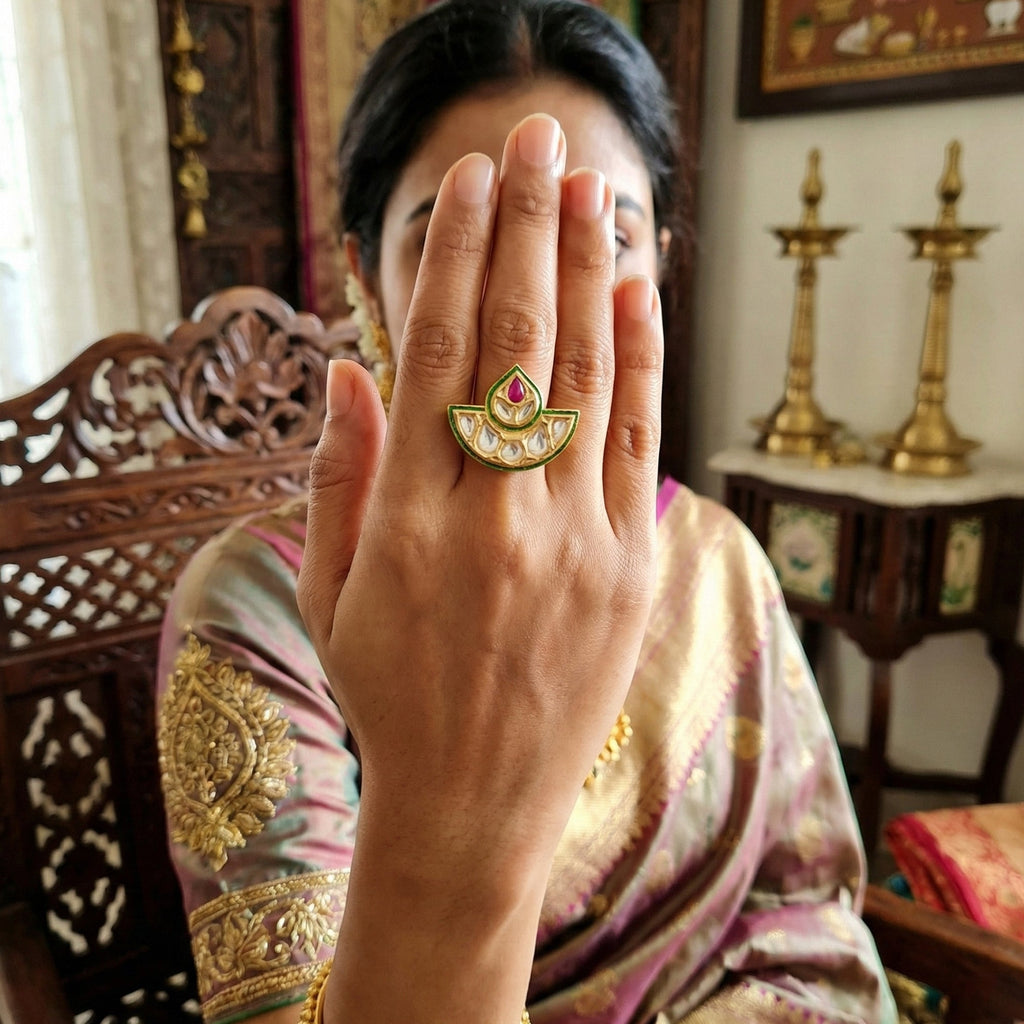 JS Fashion Kundan Design High Gold Polish Fancy Adjustable Finger Ring for Women|Royal Fancy Ring Gift Set