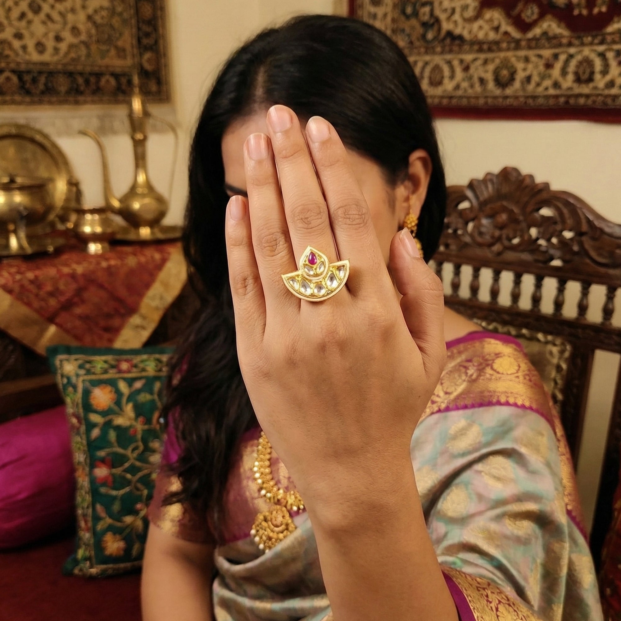 JS Fashion Kundan Design High Gold Polish Fancy Adjustable Finger Ring for Women|Royal Fancy Ring Gift Set