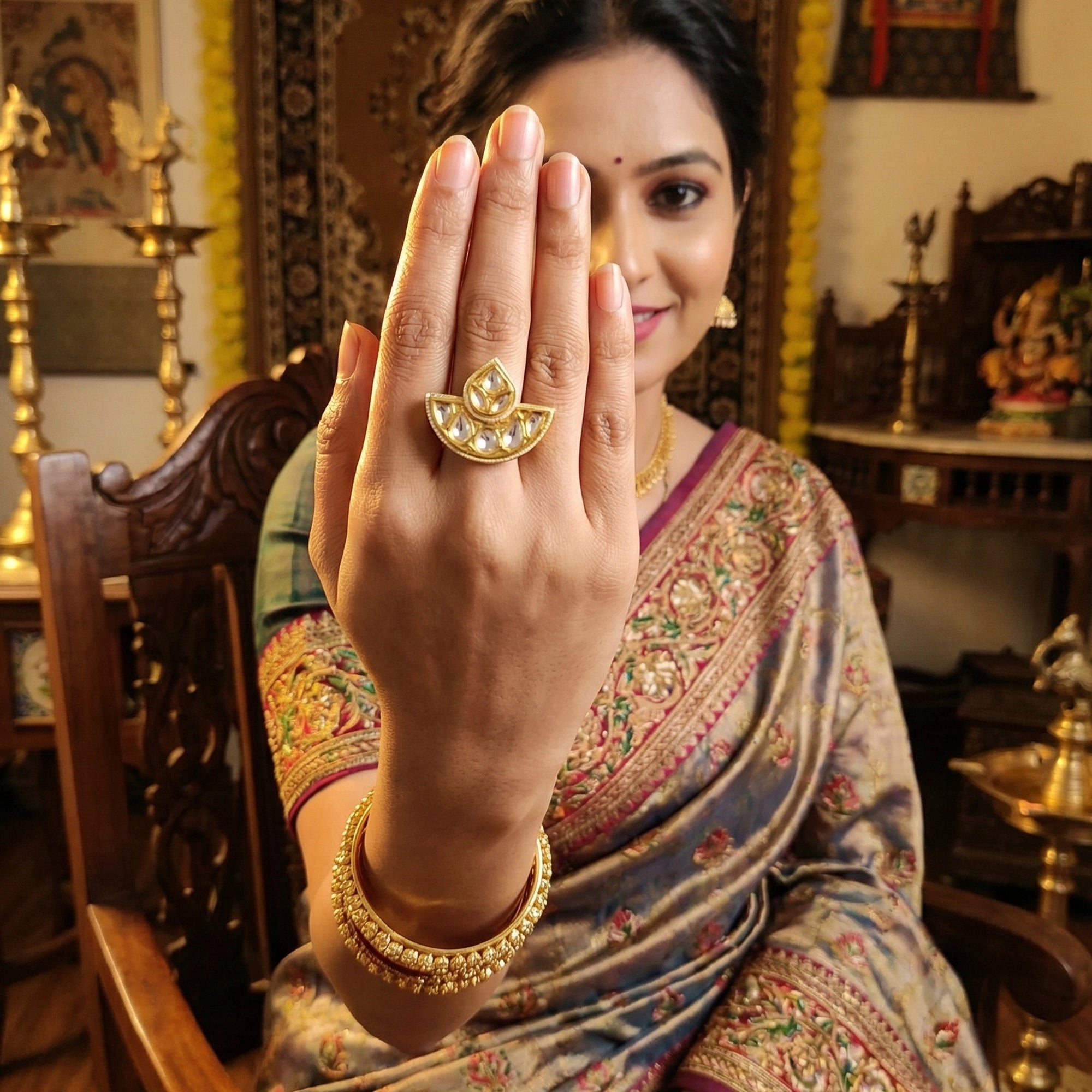 JS Fashion Kundan Design High Gold Polish Fancy Adjustable Finger Ring for Women|Royal Fancy Ring Gift Set