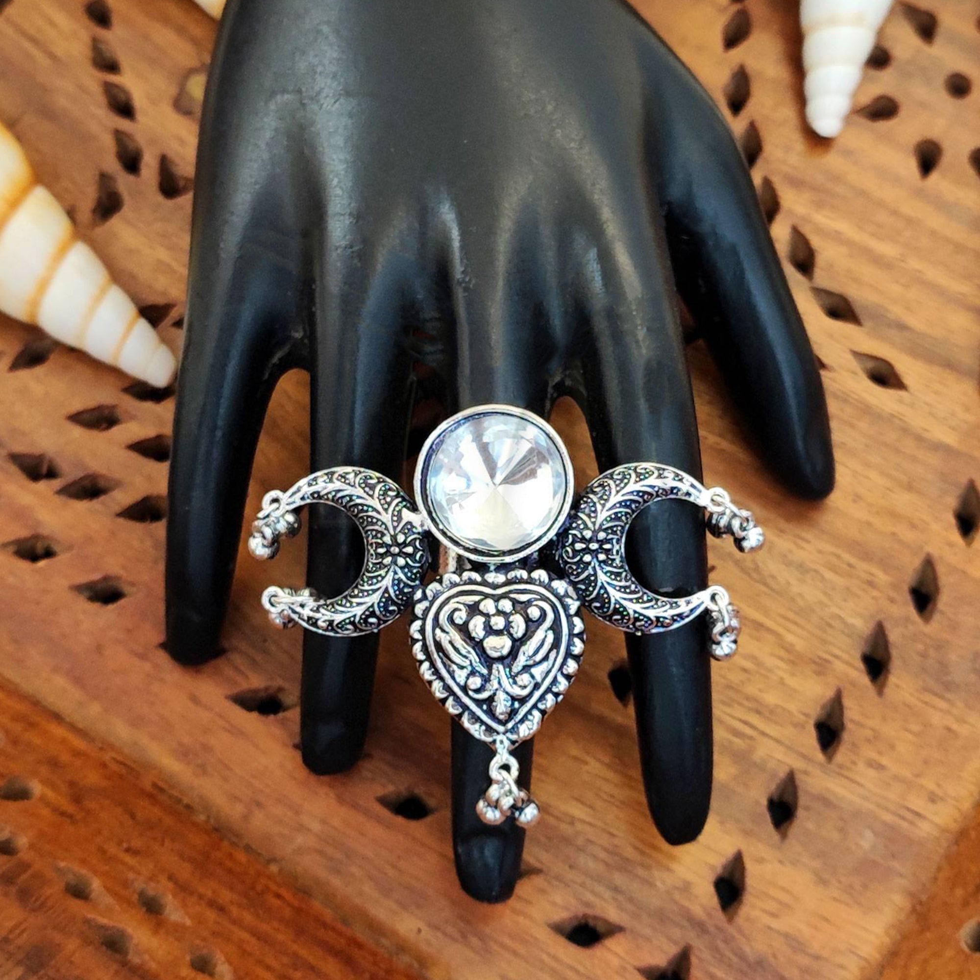 JS Fashion Antique Oxidized Silver Finger Ring with Drop Charm for Women | Adjustable Bohemian Ethnic Statement Jewellery for Party, Wedding & Festive | Vintage Dangler Ring Gift