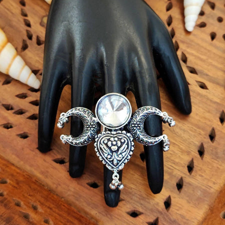 JS Fashion Antique Oxidized Silver Finger Ring with Drop Charm for Women | Adjustable Bohemian Ethnic Statement Jewellery for Party, Wedding & Festive | Vintage Dangler Ring Gift