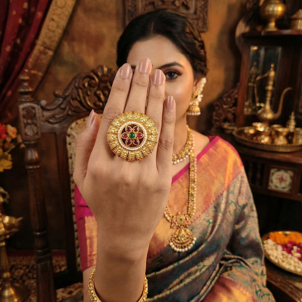 JS Fashion Antique Design High Gold Polish Finger Rings for Women | Adjustable Ethnic Statement Jewellery for Wedding, Party & Festive | Vintage Royal Ring Gift Set