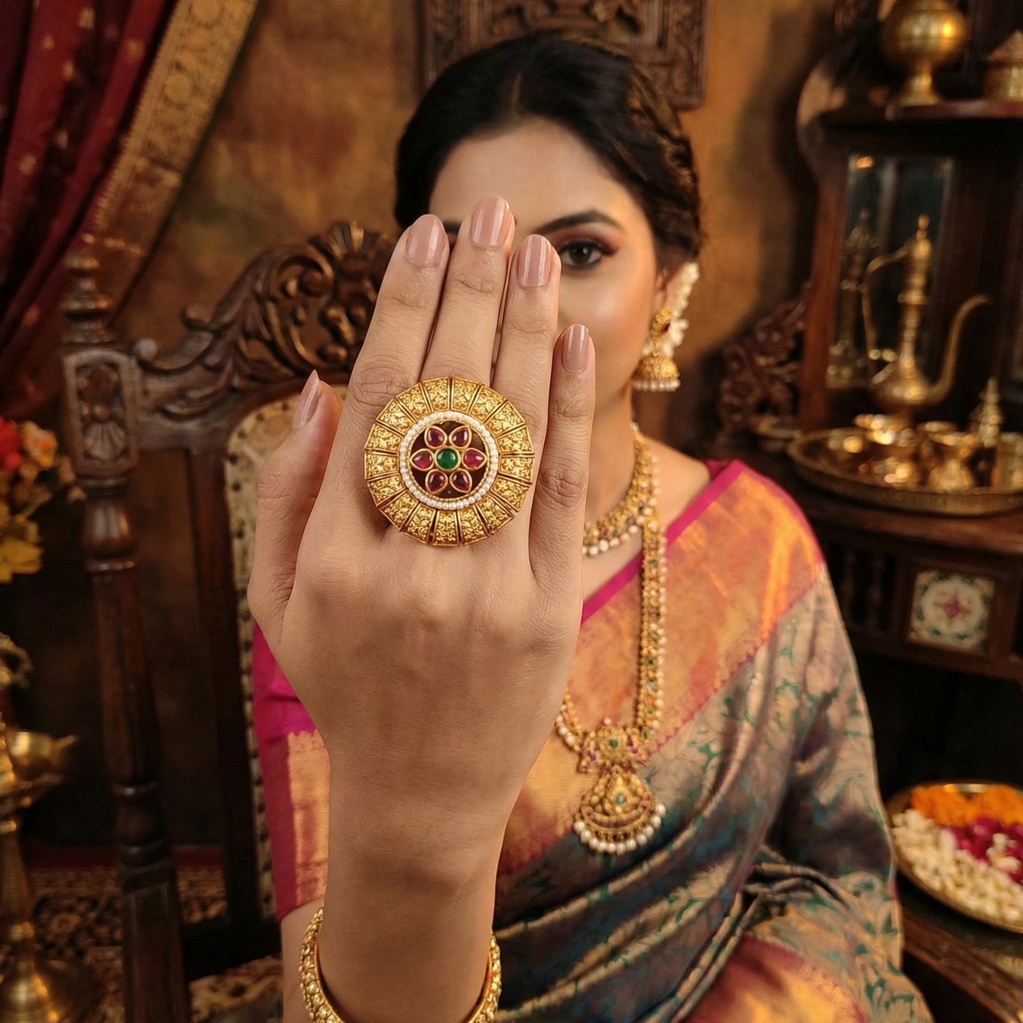 JS Fashion Antique Design High Gold Polish Finger Rings for Women | Adjustable Ethnic Statement Jewellery for Wedding, Party & Festive | Vintage Royal Ring Gift Set