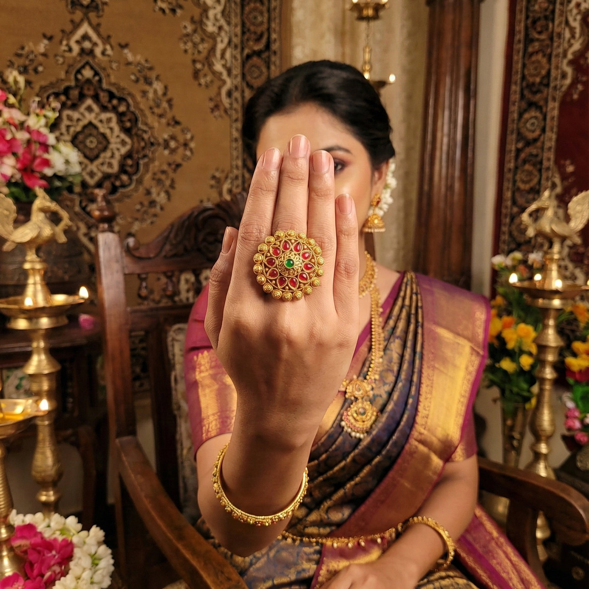 JS Fashion Antique Designer High Gold Polish Finger Rings for Women | Adjustable Ethnic Statement Jewellery for Wedding, Party & Festive | Vintage Royal Designer Gift Set