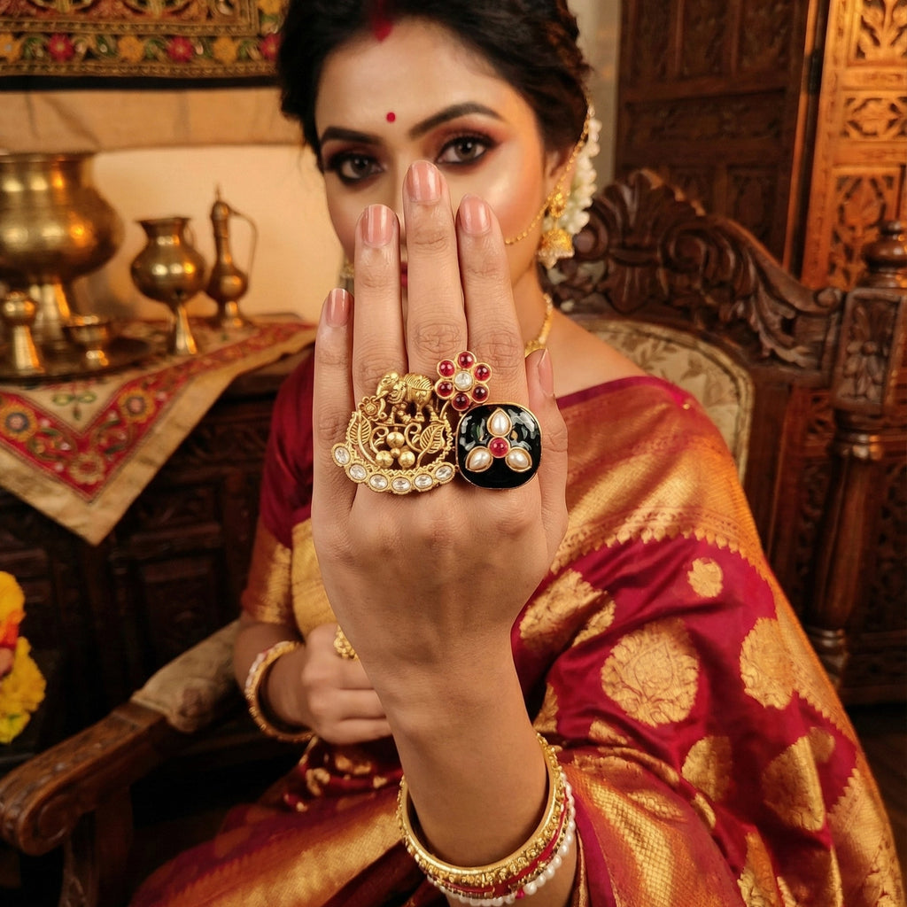 JS Fashion Beautiful High Gold Polish Finger Rings for Women | Adjustable Ethnic Statement Jewellery for Wedding, Party & Festive | Glamorous Designer Ring Gift Set