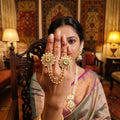 JS Fashion Antique Pearl Designer Double Finger Ring for Women | Vintage Gold Polish Ethnic Statement Ring for Wedding, Party & Festive | Adjustable Boho Jewellery Gift