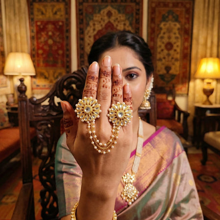 JS Fashion Antique Pearl Designer Double Finger Ring for Women | Vintage Gold Polish Ethnic Statement Ring for Wedding, Party & Festive | Adjustable Boho Jewellery Gift