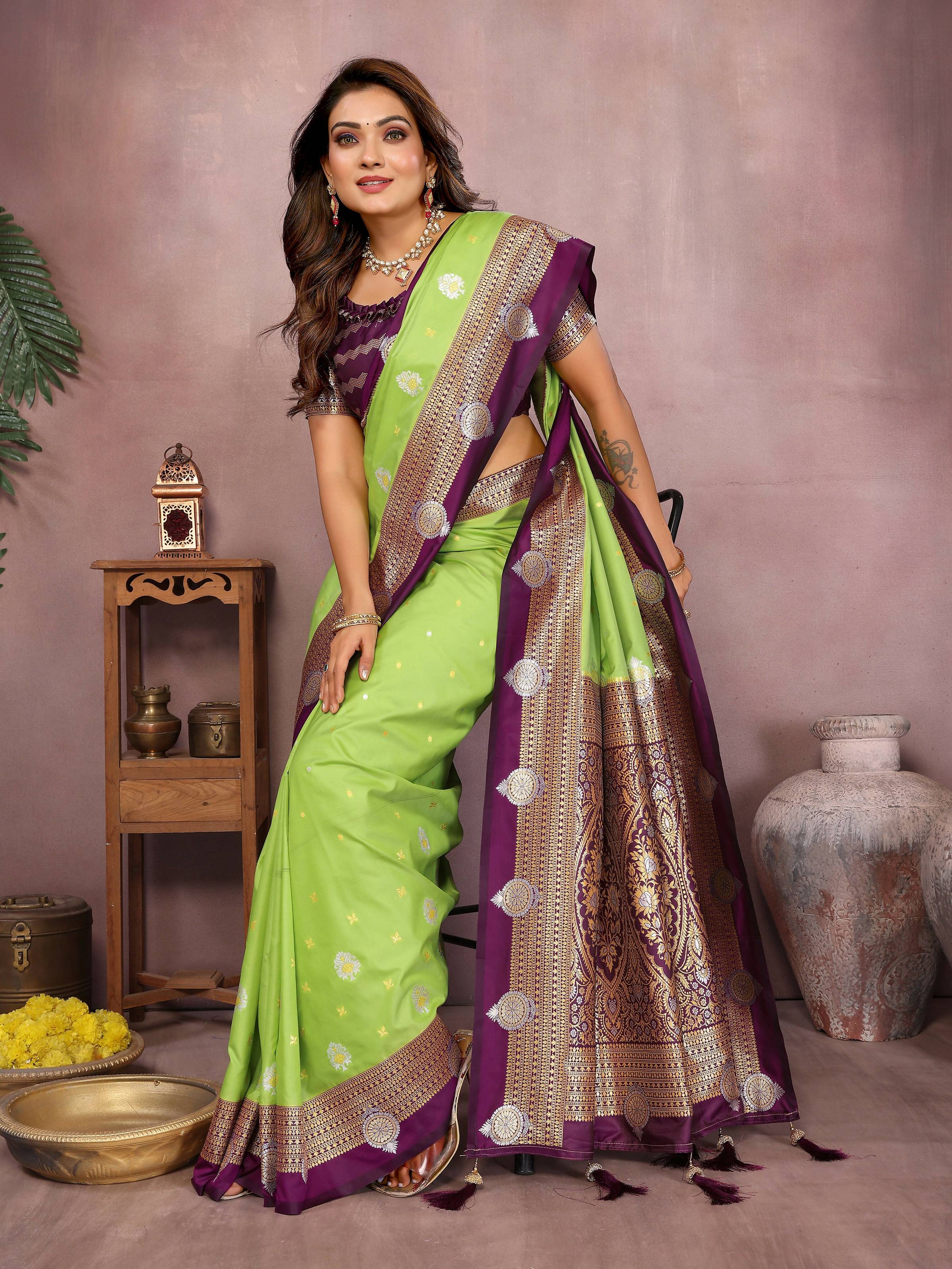 Aastha Fashion Parrot Green Silk Sarees Weaving Saree - Distacart