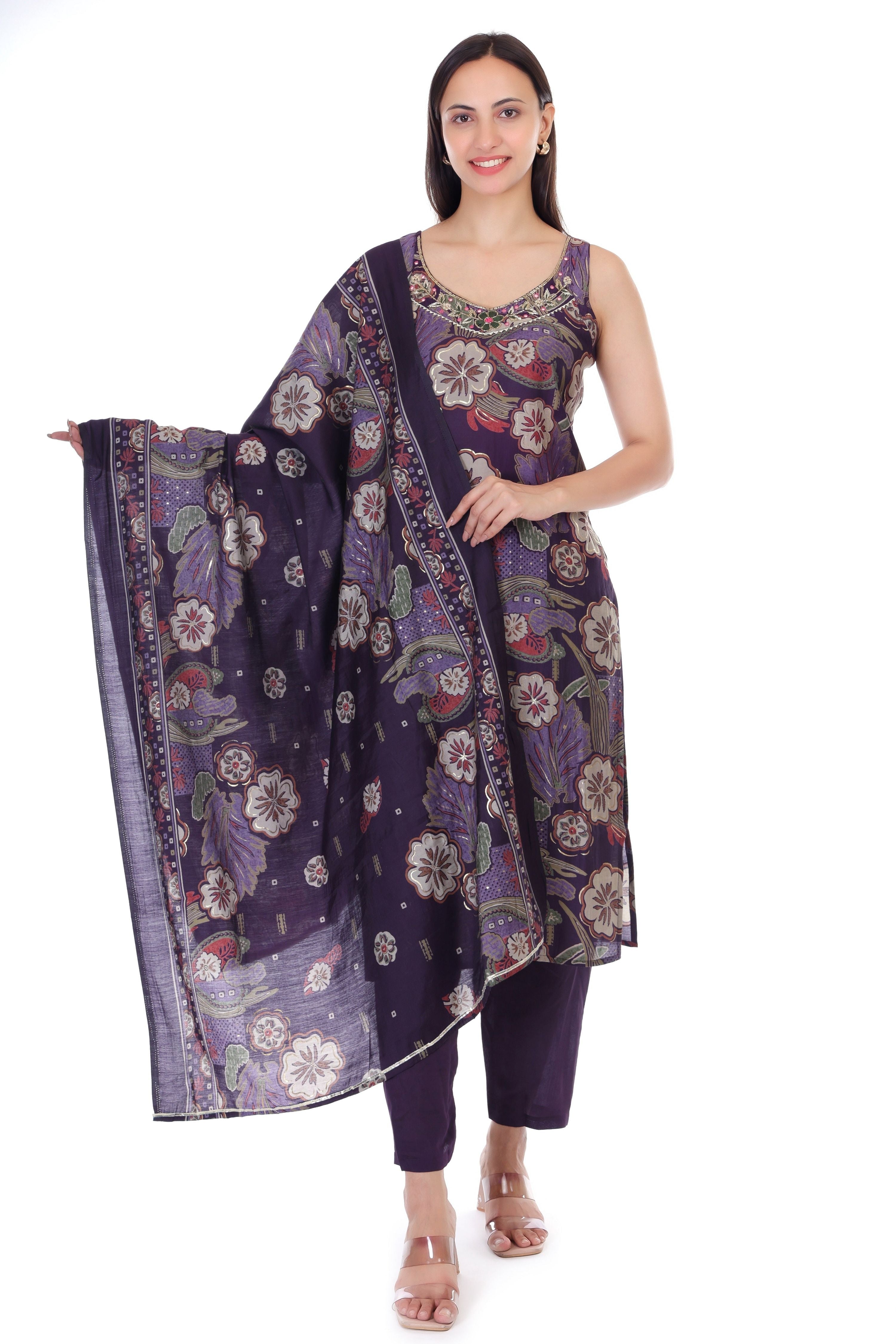 Jaitra Apparels Purple Embroidered Muslin Fabric Kurta Set With Dupatta - Distacart