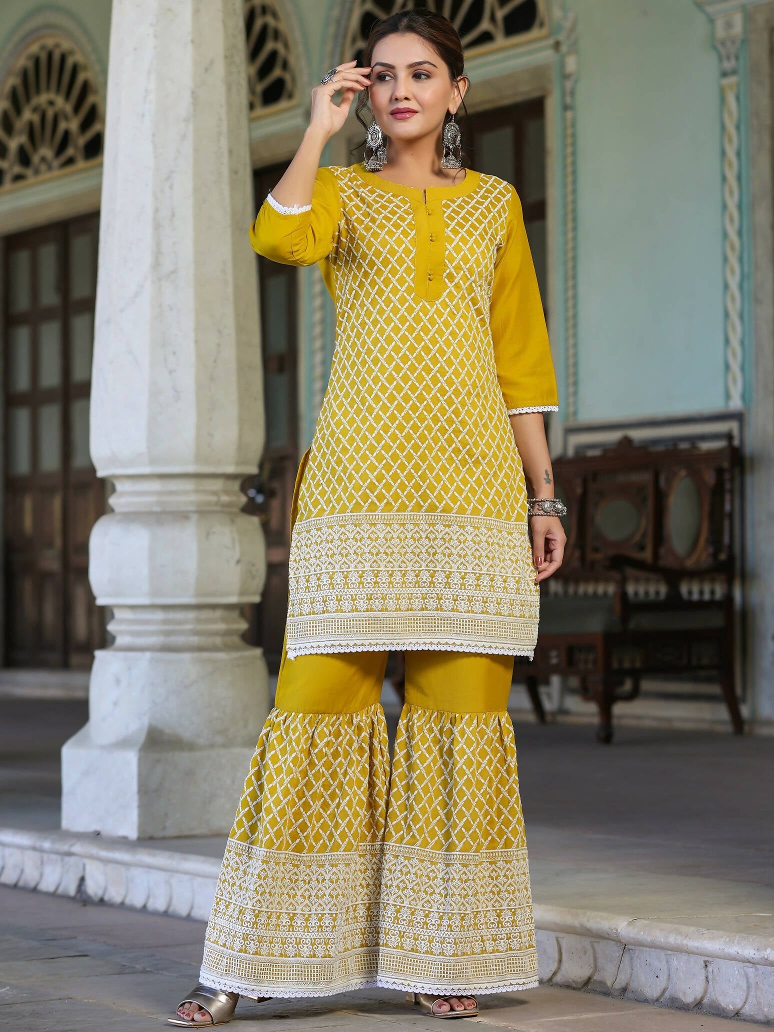 Juniper Women's Mustard Chinnon Embroidered Kurta Garara Set - Distacart