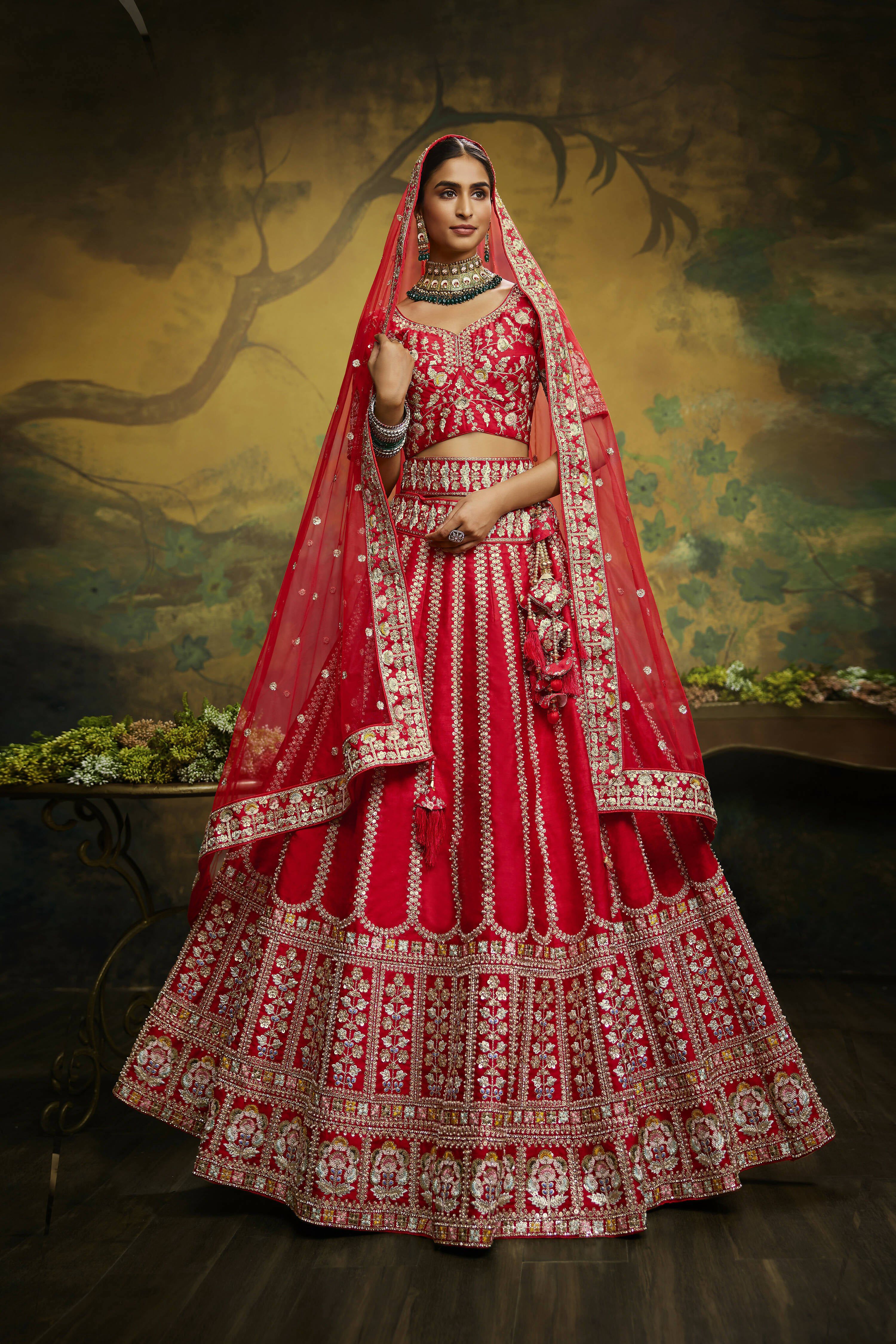 House of Panchhi Red Pure Silk Moti & Zarkan heavy embroidery Lehenga choli & Dupatta