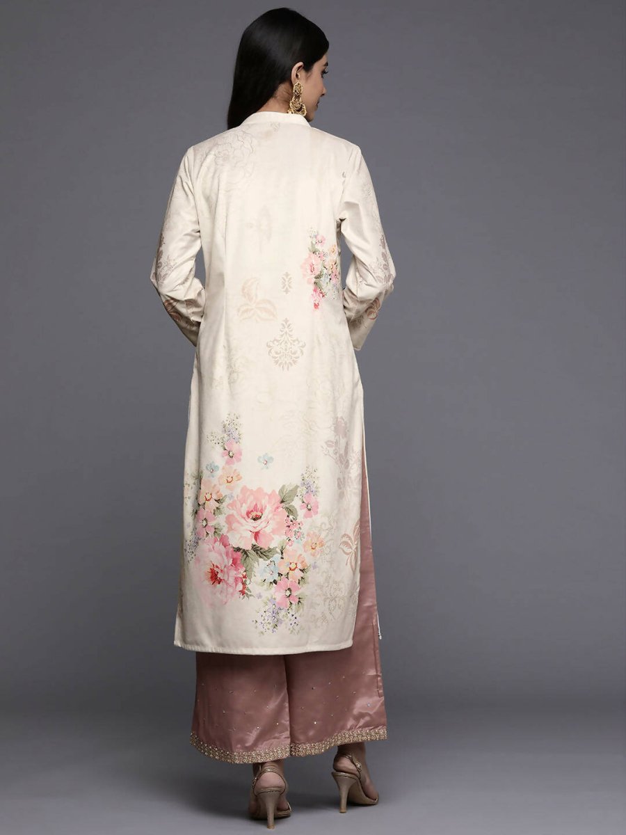Ahalyaa Women Cream-Coloured & Pink Floral Printed Gotta Patti Floral Velvet Kurta - Distacart