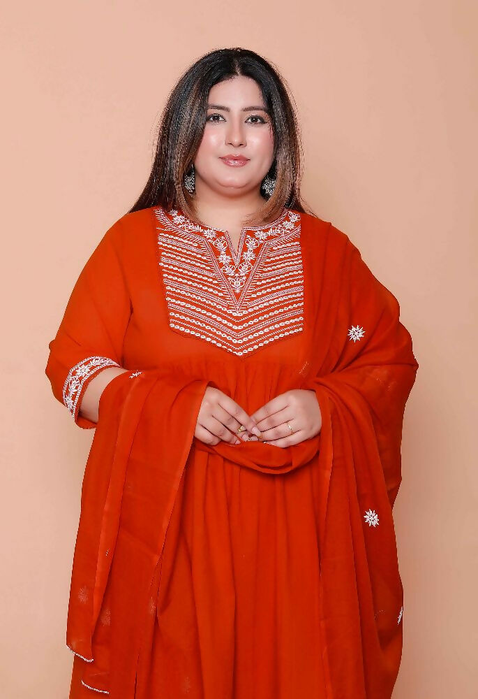 Miravan Womens Plus Size Floral Embroidered Rust Straight Cotton Kurta & Palazzo With Dupatta Set - Distacart