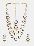 Ruby Raang 22k Gold Polished Blue Meenakari Kundan Layered Necklace With Earrings & Maang Tikka