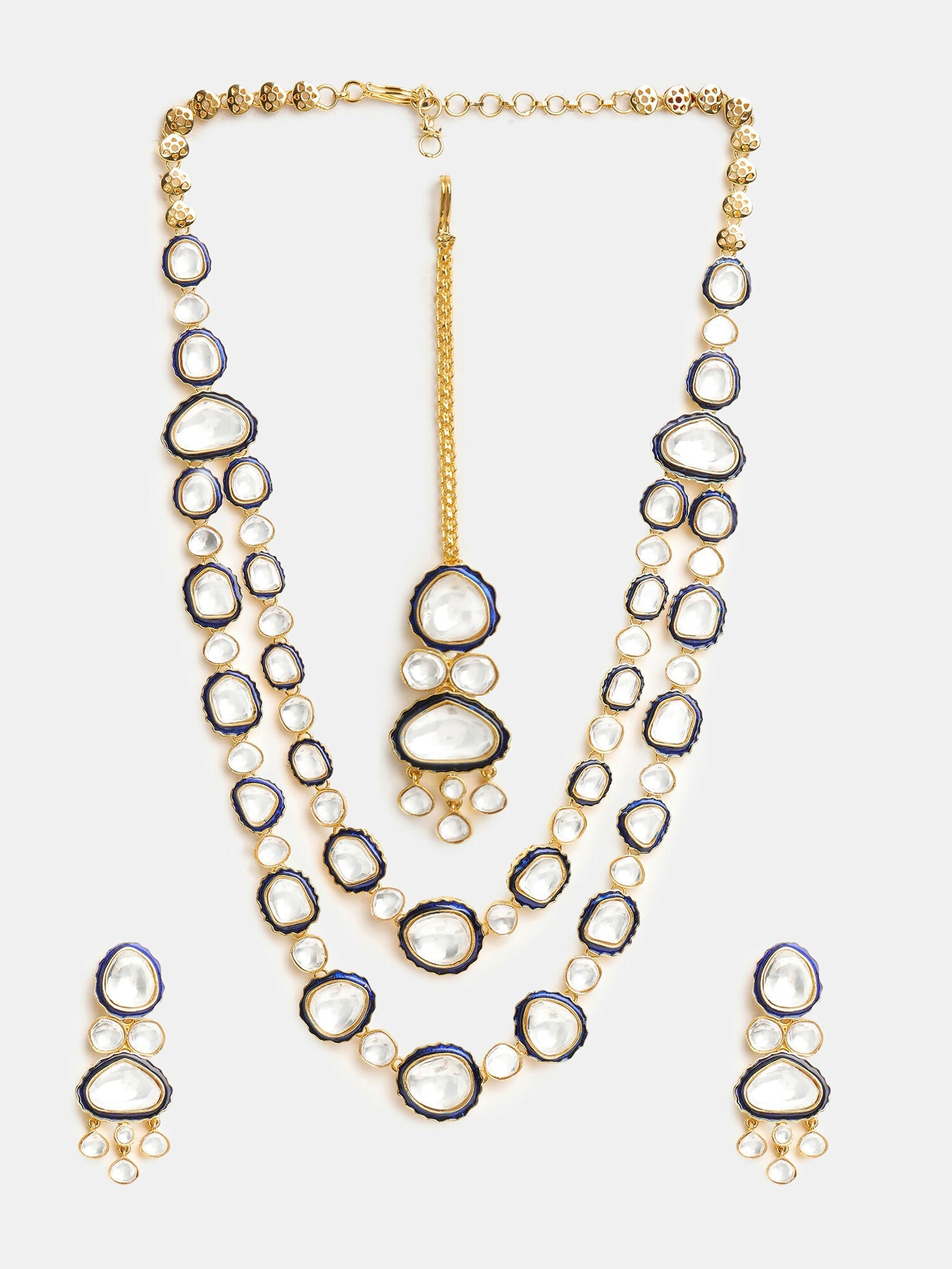 Ruby Raang 22k Gold Polished Blue Meenakari Kundan Layered Necklace With Earrings & Maang Tikka