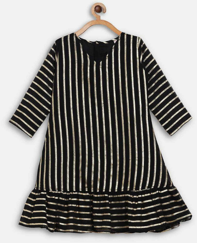Ahalyaa Black Georgette Stripped Gold Printed Kids Kurta Pant Set For Girls