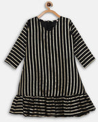 Ahalyaa Black Georgette Stripped Gold Printed Kids Kurta Pant Set For Girls