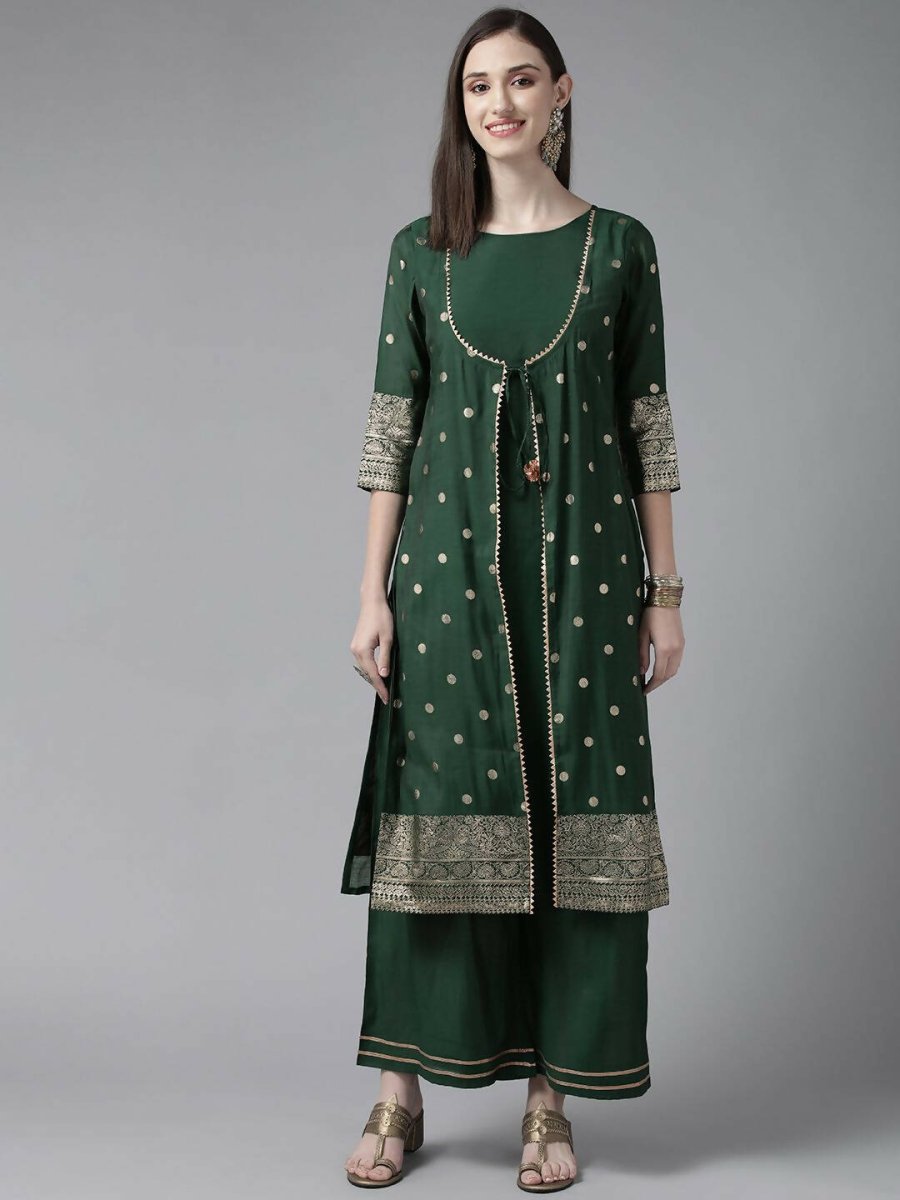 Ahalyaa Womens Dark Green Chanderi Gold Foil Printed Kurta Palazzo Set - Distacart