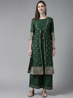 Ahalyaa Womens Dark Green Chanderi Gold Foil Printed Kurta Palazzo Set - Distacart