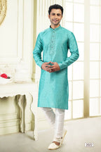 Raivat Ethnic Jacquard Banarasi Silk Thread Work Kurta Pajama In Teal Green Colour